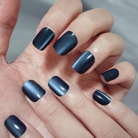 Press on Nails Square, Blue Shimmery Fake Nail, Kit of 24 False Nails, 24 Adhesive Tabs and Tools