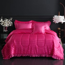 Bedorm Striped Satin Comforter Queen Hot Pink Bedding Set Extra Smooth Rich Silk Like Silky Bedding Queen Size Bed in a Bag Dark Pink Ruffle Bedding Comforter Set