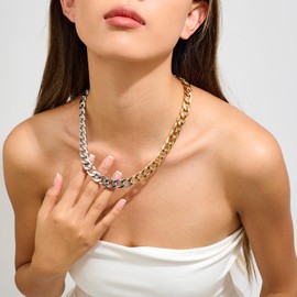 SHANTYSON 12mm Two Tone Cuban Link Chain Necklace Flat Miami Curb Link Mixed Metal Necklace Statement Chunky Punk Hip Hop Choker for Men Women Jewelry Gifts Unisex