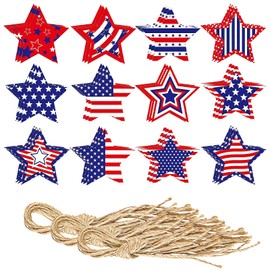 36PCS Independence Day Star Hanging Ornaments, 12 Styles Patriotic Red White Blue Decorations with Natural Jute Ropes, USA Flag Star Crafts Pendant for Independence Day Memorial Day Party Supplies