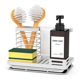 Anhow Sink Caddy Organizer Holder, Stainless Kitchen Sink Organizer with Drain Tray for Kitchen Brush Sponge Organizer - White/ 5.9x9.56x6.5 inch