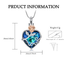 VCCWYQK Heart Cremation Jewellery for Ashes Flower Urn Necklace with Crystal w/ Funnel Filler Memorial Keepsake Jewellery for Women Girls, Stainless Steel, No Gemstone