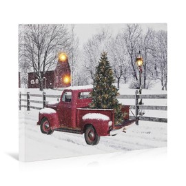 NIKKY HOME Christmas LED Lighted Wall Decor, 16 x 12 Inch Canvas Prints Art Light Up Red Truck Barn and Xmas Tree Pictures, Winter Snow Scene Indoor Holiday Decorations