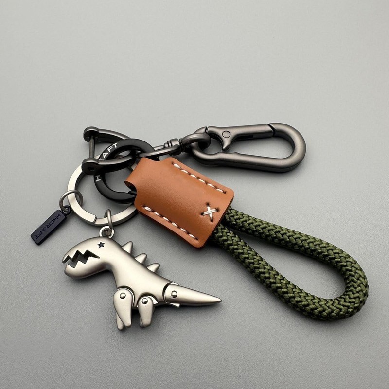Aluminum Alloy Dinosaur Charm Paired with a Hand-woven Bracelet, Keychain