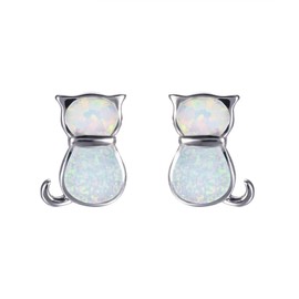 Kaguyo sterling silver Earrings for women, 925 sterling Silver blue/white opal shine cute cat stud earrings for women girls (white)