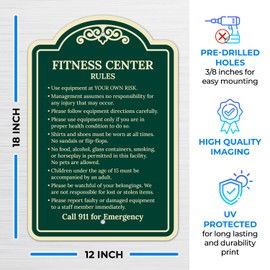 Fitness Center Rules Use Equipment at Your Own Risk Décor Sign, Greeen Dark, 12x18 Inches, ACM, Fade Resistant, Made in USA