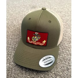 Flexfit US Marines Hat USMC Flag SnapBack or FlexFit Mesh Cap Handcrafted in Florida - Moss/Khaki Mesh