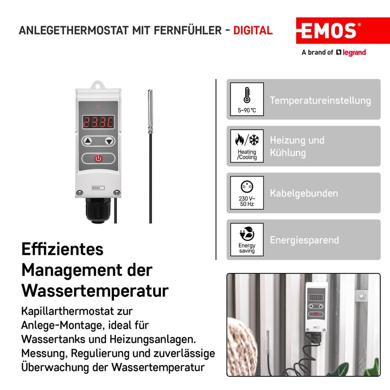 EMOS P5684 Contact Thermostat with Remote Sensor, Adjustable Switching Sensitivity