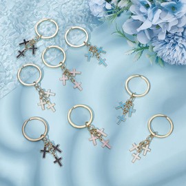 PLIGREAT 8 Pcs Cross Keychains for Women, Cute Car Purse Keyring Holder Black White Pink Blue Cross Backpack Pendant Charms Religious Christian Gifts