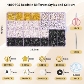 CoKeeSun 4800 Pieces Beads for Bracelets, Black Polymer Clay Beads Set, 6 mm Heishi Beads for Threading, Clay Beads Bracelets DIY with A-Z Beads Letters for DIY Bracelet Necklaces