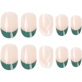 JUSTOTRY 24 Pcs Dark Green Almond Fake Nails Pattern,Nude Press on Nails Short,Glossy False Nails Medium for Nails Art,French Oval Glue on Nails for Women and Teens Gifts