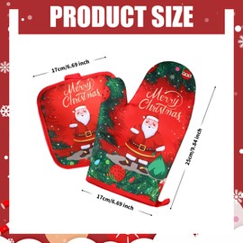 2 Pieces Christmas Oven Gloves and Pot Holders Modern Christmas Pot Holder Glove Set Santa Pattern Heat Resistant Cotton BBQ Gloves for Cooking Grilling (Red)