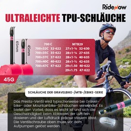 RideNow TPU Schlauch Rennrad/Gravel Bikes 700x32-47C, 2 Pack MTB Schlauch 27 Zoll 28 Zoll 29 Zoll, Ultraleichter Fahrradschlauch mit Presta Ventil 65mm