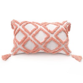 PLWORLD Boho Pink Lumbar Throw Pillow Cover 12x20 Inch with Tassels, Moroccan Tufted Cream Chenille Fabric Small Accent Textured Cushion Case for Bed Couch, 1 PC
