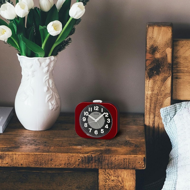Seiko QHE206RLH Non Ticking Bedroom Alarm Clock, Metallic Red, 3.9