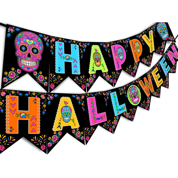 Sugar Skull Happy Halloween Banner Pennant - Sugar Skull Halloween Party Supplies - Halloween Party Decorations - Halloween Decorations - HH