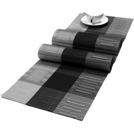 SHACOS Table Runners Woven Vinyl PVC Table Runners 12 x 90 inch Wipeable Heat Resistant Runner for Tables Indoor Outdoor, Bamboo Ombre Black and Gray