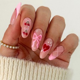 IMSOHOT Press on Nails Almond Medium Fake Nails Glossy Pink Artificial False Nails with Bow & Heart Designs Cute Glue on Nails for Women Girls 24Pcs