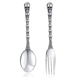 Skull Motif Serving Spoon Fork Set, Premium Stainless Steel Fork Spoon Silverware Set, Unique styles 3D Skulls, Dishwasher Safe, for Home, Kitchen, or Gift for Friends