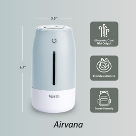 Airvana Aqua Glo Personal Humidifier – Ultrasonic Cool Mist, Rechargeable Battery for 15 Hours Use, 2-Cup Water Tank, Quiet Operation. Ideal for Travel, Office, Bedroom, Plants, and Home. Blue Mist