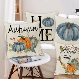 Set of 4 Blue Fall Pillow Covers, Thanksgiving Throw Pillows Covers, Autumn Blue Pumpkins Decorative Cushion Covers Home Outdoor Sofa Couch Pillow Cases for Fall Decorations 20x20 Inch