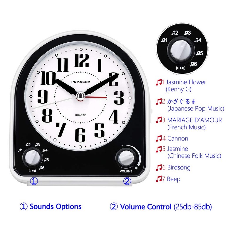 Peakeep Analog Alarm Clock Non-Ticking Silent, Optional 7 Wake-up Sounds