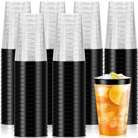 IJRPLM 100 Pcs Black Plastic Cups,12 oz Black Rimmed Plastic Cup,Disposable Wine Glasses,Elegant Cocktail Drinking Cup, Clear Party Cups for Wedding Birthday Family Gatherings Holiday (Black)