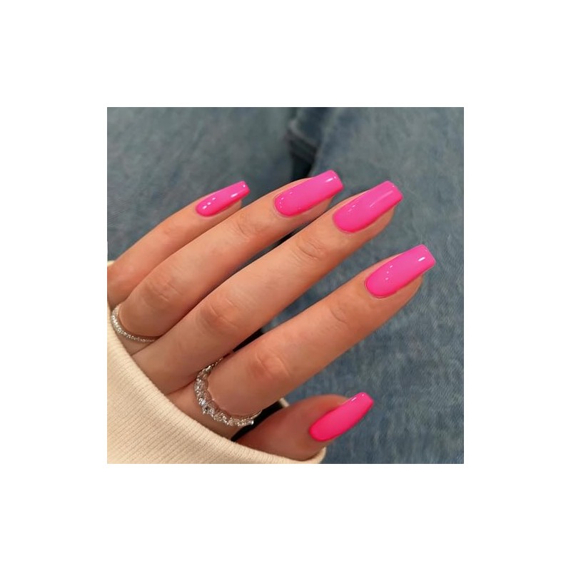 Uñas postizas de gel rosa intenso, largas y cuadradas, uñas