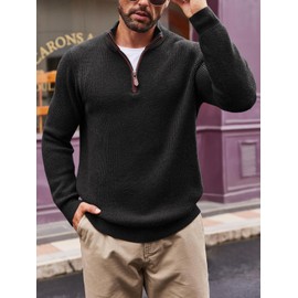 Runcati Mens Quarter-Zip Pullover Sweater Casual Mock Neck Winter Warm Ribbed Polo Sweaters Black