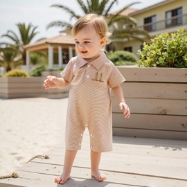 Western Newborn Baby Boy Summer Clothes Cowboy Boots Embroidery Striped Jumpsuit Romper Lapel Button Retro Bodysuit Welcome Home (Coffee, 3-6 Months)