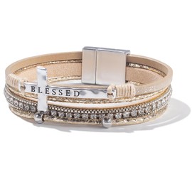 FANCY SHINY Cross Leather Wrap Bracelets Christian Jewelry Religious Baptism Gifts for Women Boho Bead Charm Bracelets with Magnetic Clasp(Gold)