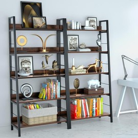 Industrial Bookshelf,Ladder Shelf 5 Tier Large Bookcases Floor Freestanding Storage Rack Leaning Book Shelves,Plants Flower Stands with Metal Frame for Living Room, Home Office, Rustic Brown,2Packs
