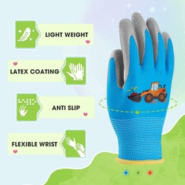 Kids Gardening Gloves 3 Pairs Toddlers Rubber Coated Work Gloves Children Garden Gloves Thorn Proof Heavy Duty Gloves (Blue & Green & Orang (truck), Medium (Age 5-7))