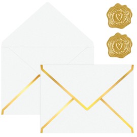 Pearl White A7 Envelopes for Invitations with Gold Foil V Flap, 30 Pack 5x7 Metallic Mailing Envelopes 250g Pearl Cardstock, White Shimmer Envelopes for Wedding Gift Cards Baby Shower(Lvory White)