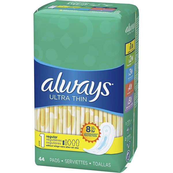 ALWAYS Ultra Thin Size 1 Regular Pads Without Wings Unscented, 44 Count