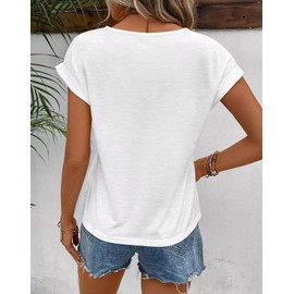Bliwov Womens Tops Contrast Lace Cap Sleeve T Shirts 2025 Casual Crewneck Trendy Summer Spring Tops Loose Fit Fashion Tee,White,M
