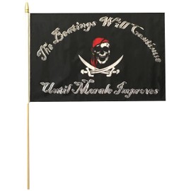 Wholesale Lot of 12 Pirate The Beatings Will Continue Until Morale Improves 12x18 12"x18" 68D Woven Polyester Nylon Stick Flag On 24" Wooden Staff