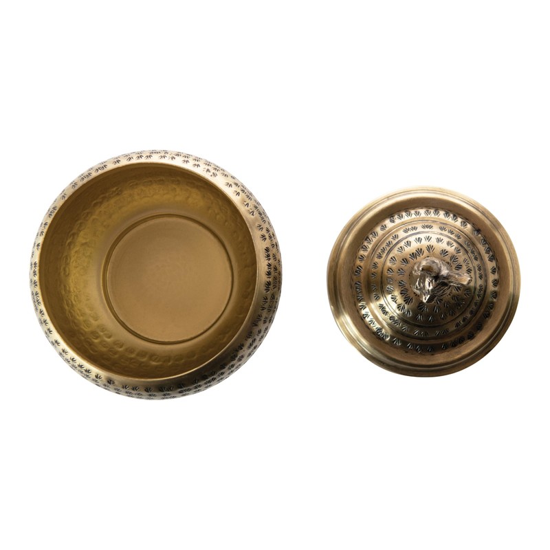 Round Hammered Metal Container with Rabbit Finial, Brass Finish