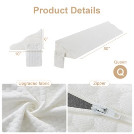 Yojoker Queen Size Bed Wedge Pillow for Headboard Gap, Wedge Pillow Headboard with Side Pockets and Wave Contour, High-Density Foam Bed Gap Filler (0-6"), 60x10x6 Inch, White
