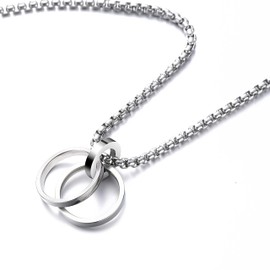Yooping Men's Necklace, Silver, Double Ring, Pendant, Stainless Steel