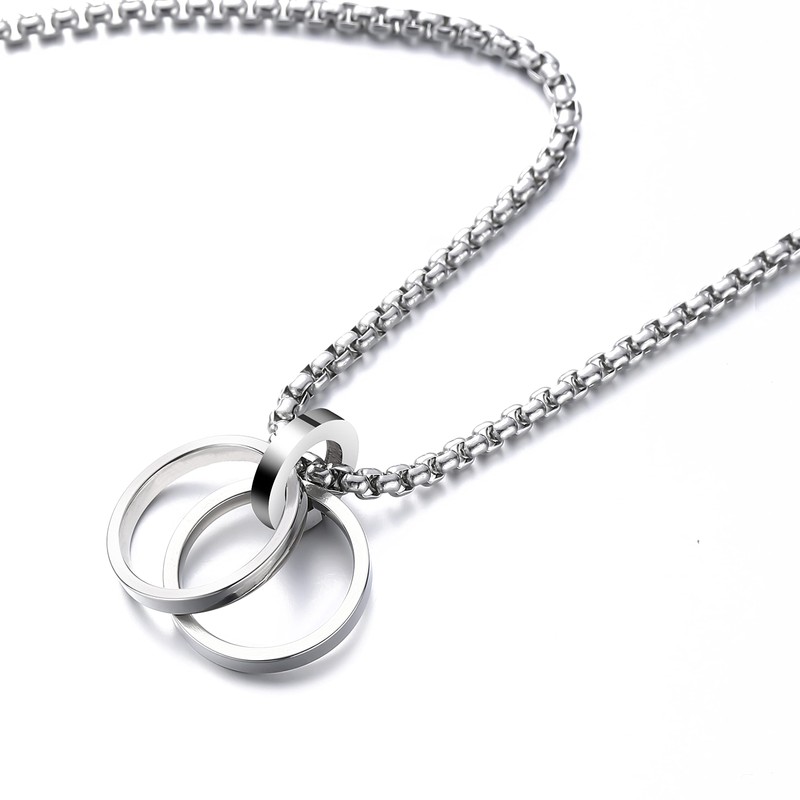Yooping Men's Necklace, Silver, Double Ring, Pendant, Stainless Steel