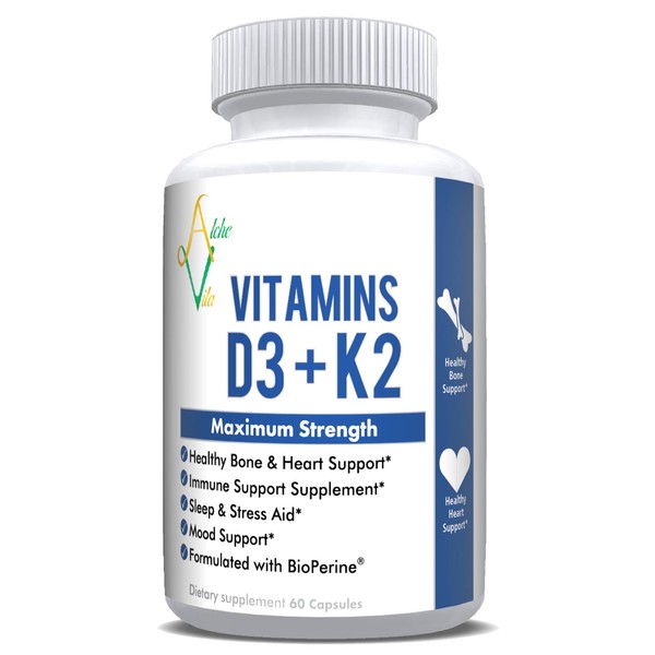 AlcheVita Vitamins D3 (5000 IU) + K2 (mk7) + Calcium (210mg)- Maximum Strength Complex (3-in-1 Formula) - 60 Capsules | Supports Healthy Bones, Heart and Immune System - Sleep and Stress Aid