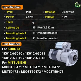 12V 9T Starter Motor 1K012-63010 Compatible with Kubota Engine V3307 V3300 V3600 V3800 WG3800 Tractor M126XDTC M8540HDNB For Tcm Forklift For Bomag # M8T50471 M8t50472 1K01263011 1K01263012 1K01263010