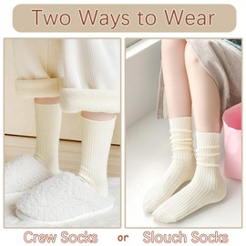 Women Wool Crew Socks Soft Cozy Dress Socks Casual Knit Fall Winter Slouch Boot Socks 3 Pairs (Beige+Light Khaki+Khaki, 6-10)