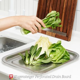 WAGENSTEIGER Stainless Steel Vegetables & Fruits Rinse Strainer, Perforated Colander Tray, Small Drying Rack for Dishes, Lid for Washing-up Bowl/Dishpan/Basin, Compact & Functional Design