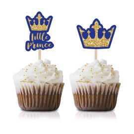 Little Prince Cupcake Topper Picks, 24-Pack Royal Blue Gold Boy Baby Shower Kids Birthday Party Decorations
