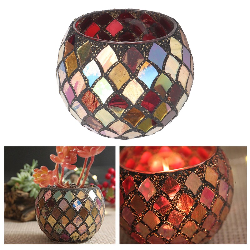 Mosaic Glass Tea Light Holder Romantic Decorative Red Handmade Cracked
