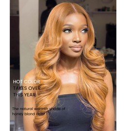 ALHER 10A Honey Blonde Body Wave Human Hair Bundles with Closure, Color #27 Sun-kissed Vibe Golden Blonde Body Wave HD Transparent 4x4 Closure with 3 Bundles Soft Thick Sew In Weave Wavy 16 18 20 +16