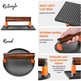GGC Cast Iron Burger Press Kit, 7" Round and 8"x4" Rectangle Smash Burger Press Set for Grill and Griddle Cooking, 2PCS Meat Press with Wooden Handle for Bacon, Hamburgers, Eggs, Sandwiches