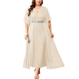 ZOMVA Plus Size Formal Dress V Neck Chiffon Handkerchief Sleeve Mother of Bride Dresses Wedding Guest Party Evening Gown, Champagne, 4X